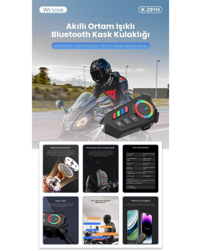 Wesdar K-291H Ambient Light IPX8 Waterproof BT 5.4 Motosiklet Kask Intercom