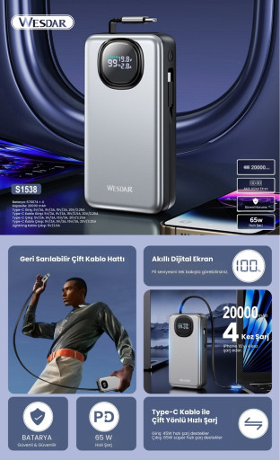 Wesdar S1538 Powerbank 20.000 mAh 65W Dahili Geri Sarılabilir Kablolu Hızlı Şarj Siyah