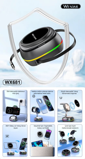 Wesdar WX681 Katlanabilir Kablosuz Şarj Standı 15W RGB 3 in 1 Gri