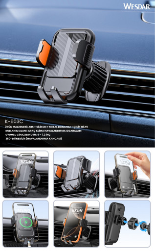 Wesdar K-503C Manyetik Araç İçi Telefon Tutucu 360° Döndürülebilir Siyah