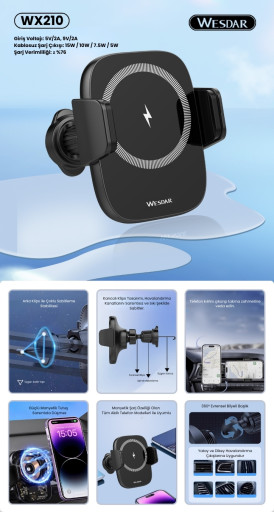 Wesdar WX210 Kablosuz Şarjlı Araç İçi Telefon Tutucu 15W Siyah