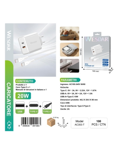 Wesdar AC353-T Hızlı Şarj Adaptörü Type-C Kablolu (Type-C + USB-A) Beyaz