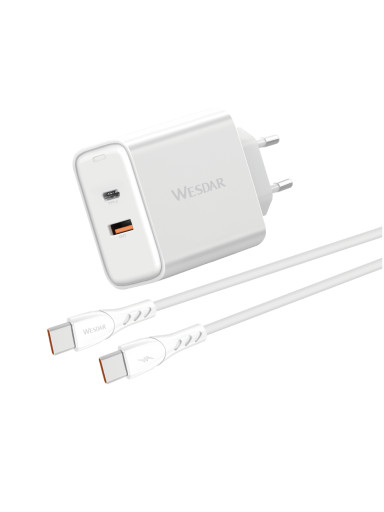 Wesdar AC353-T Hızlı Şarj Adaptörü Type-C Kablolu (Type-C + USB-A) Beyaz